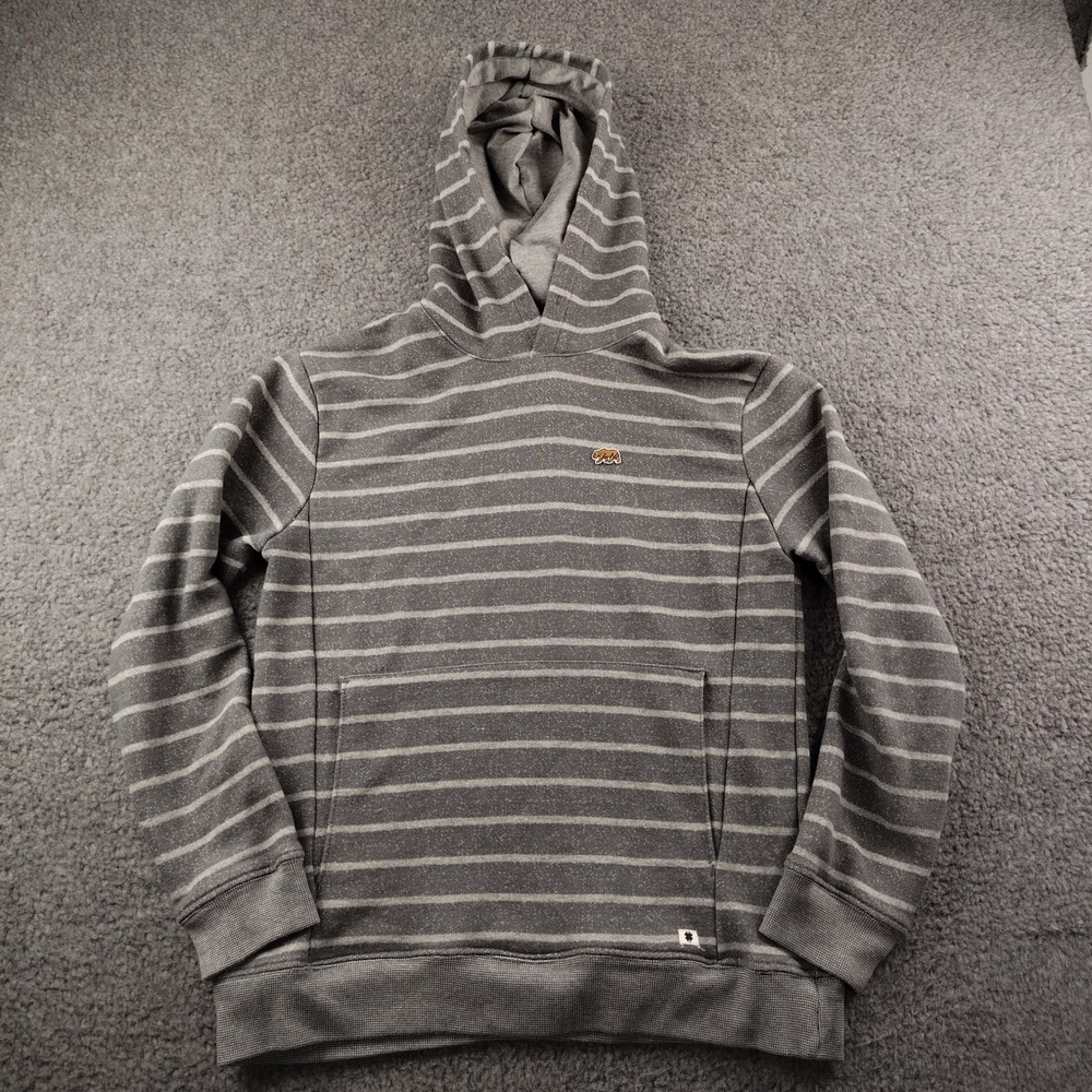 Lucky Brand Womens Gray Striped Logo Hoodie Pullover Size Large L Beach Boho